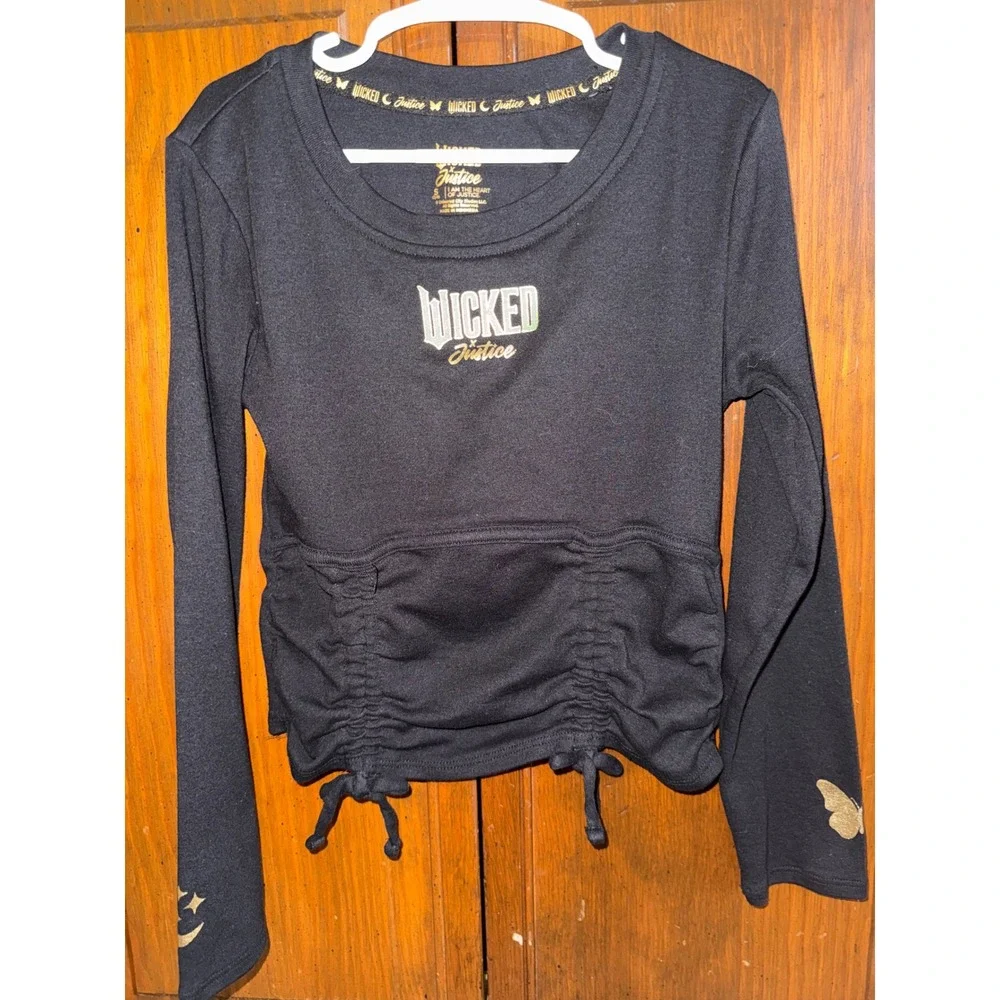 Justice x Wicked Girls Black Ruched Front Long Sleeve Graphic Tee Shirt S 7/8